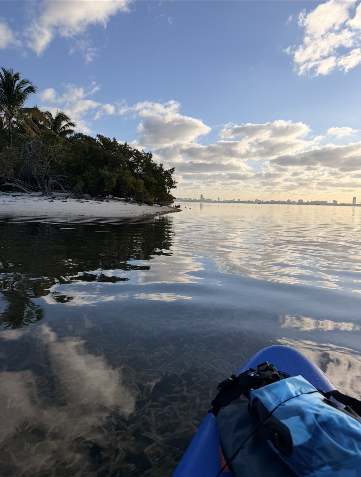 Jackie paddling near a tropical island